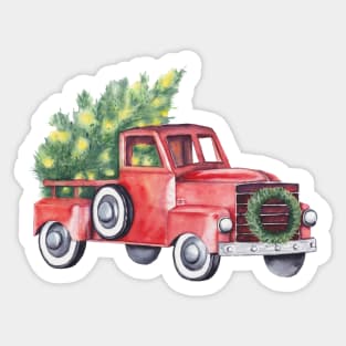 Old red truck Christmas illustration Sticker